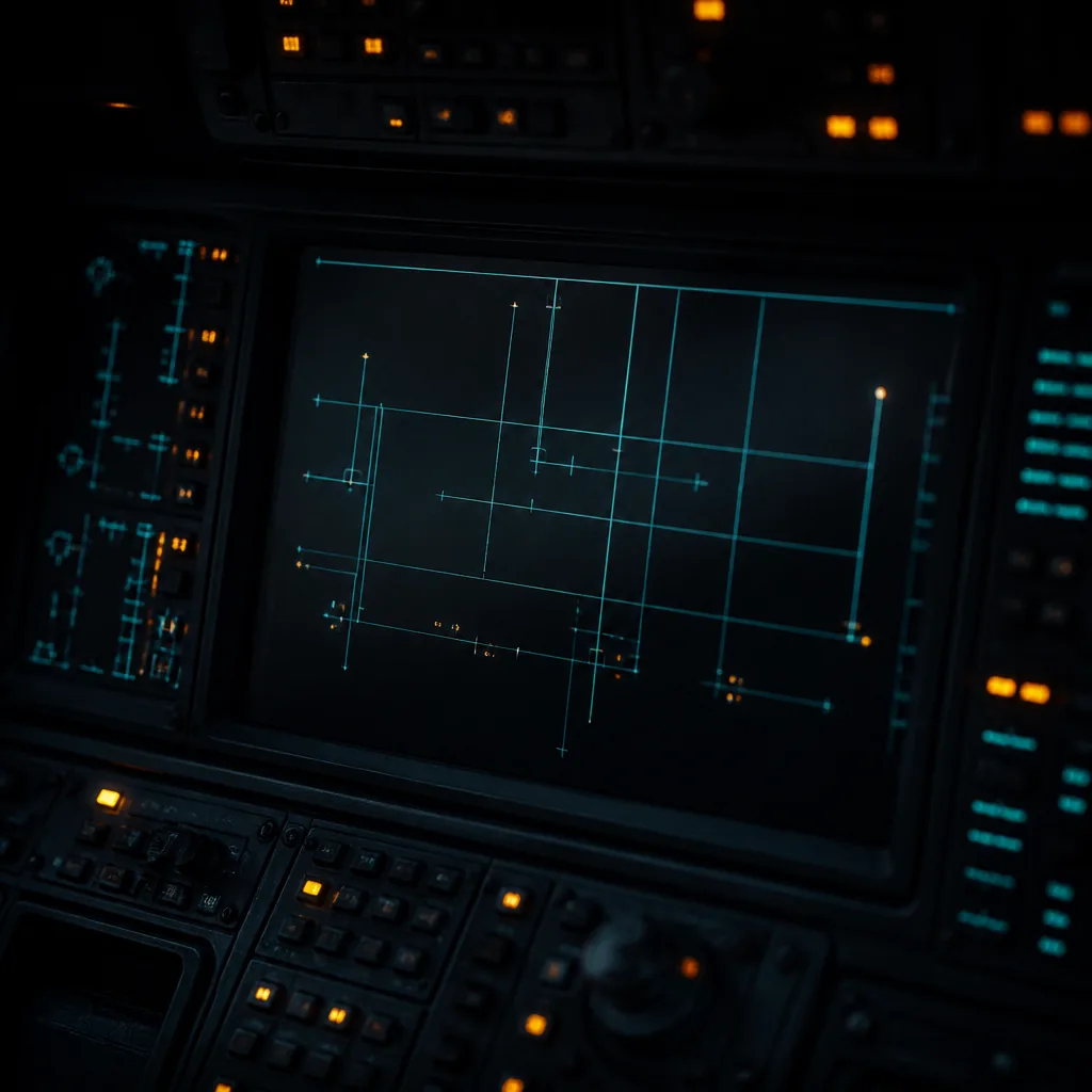 Panel HUD con líneas cian sobre fondo oscuro / Cyan HUD dashboard on dark background