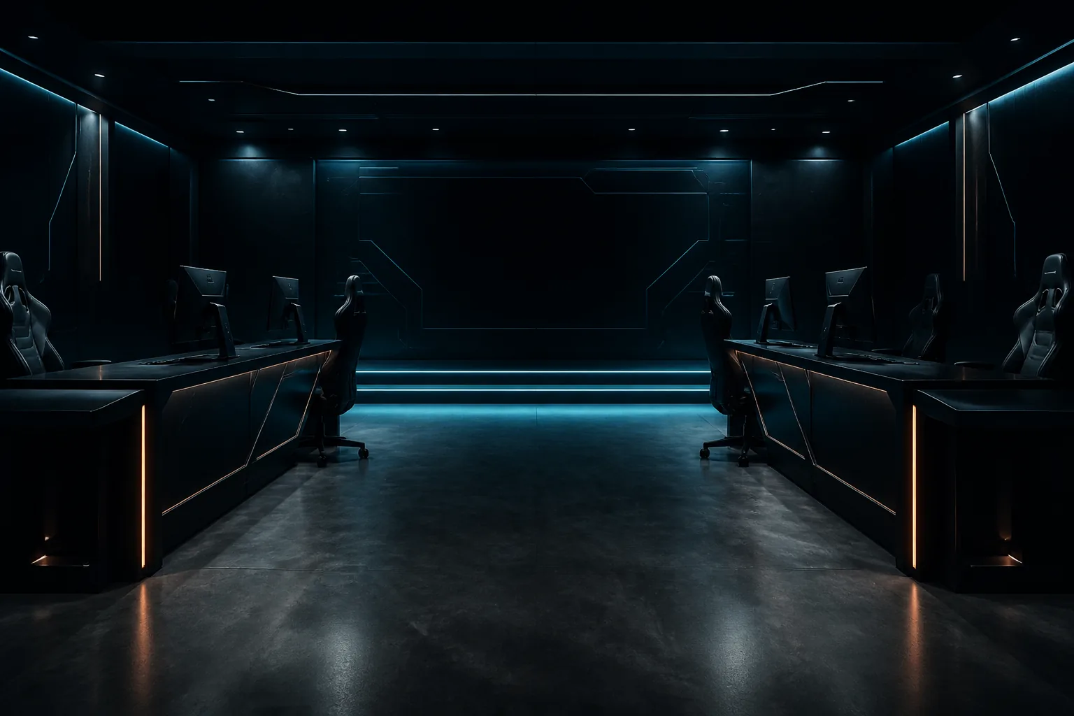 Estudio de coaching de esports en penumbra con dos puestos de juego / Dark esports coaching studio with two gaming stations