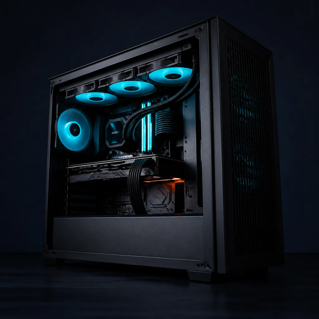Gabinete PC con cableado ordenado y ventiladores cian / PC build with tidy cable management and cyan fans